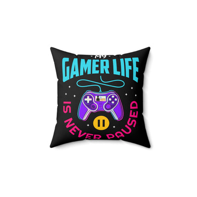 Gamer Fresh | My Gamer Life Never Pauses | Spun Square Midnight Black | Bed/Couch Pillow