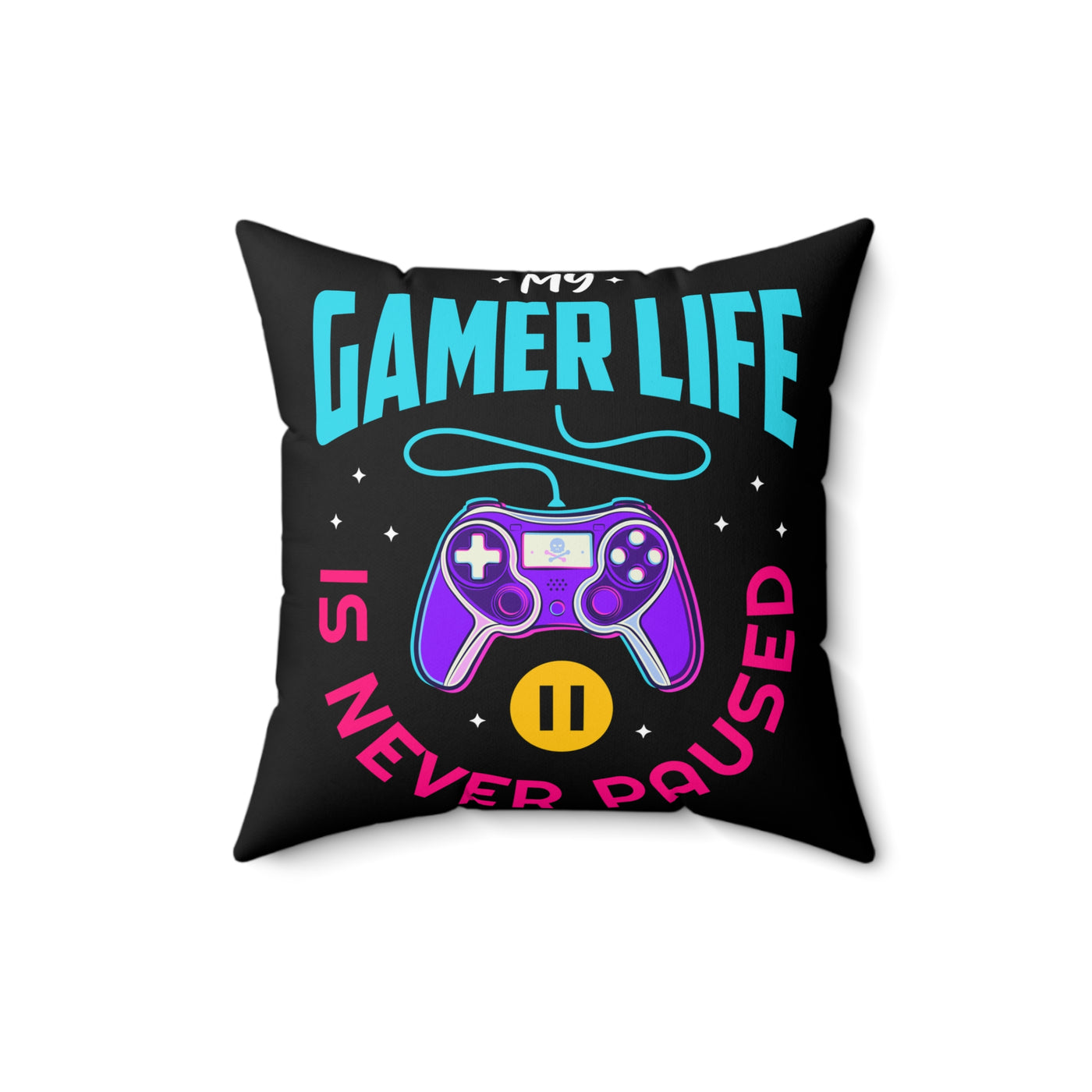 Gamer Fresh | My Gamer Life Never Pauses | Spun Square Midnight Black | Bed/Couch Pillow