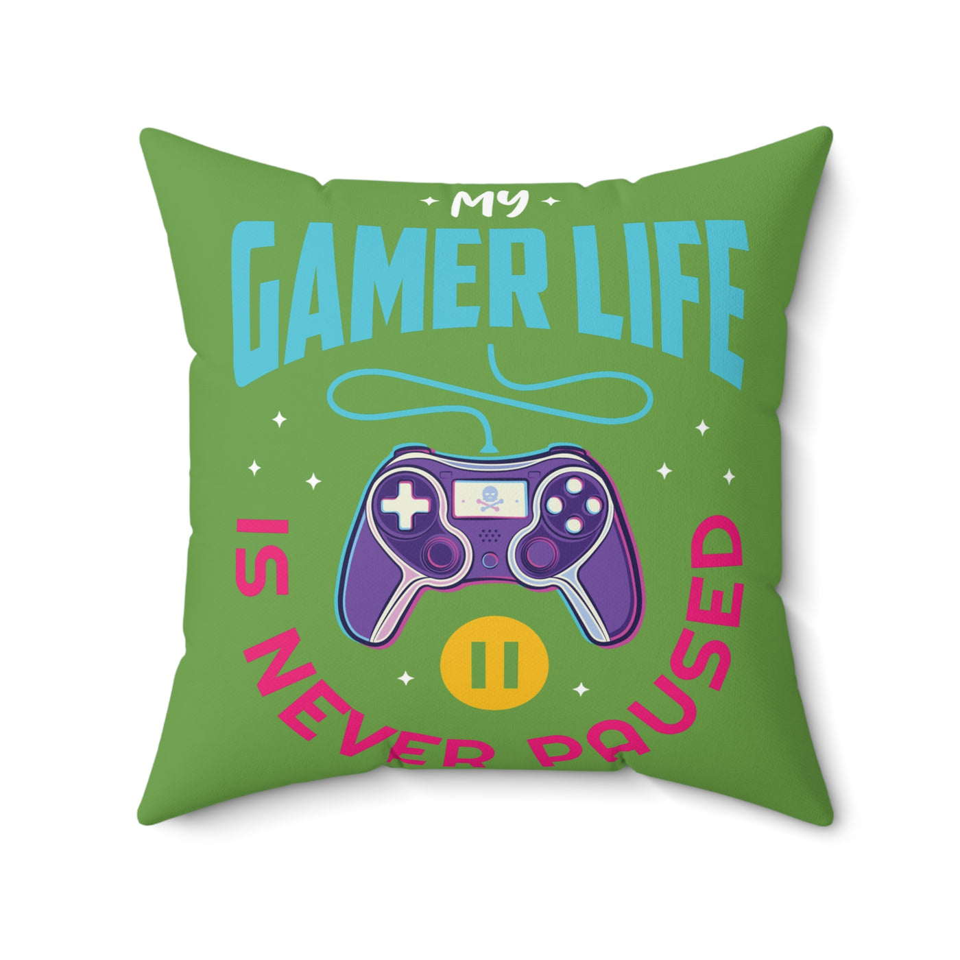 Gamer Fresh | My Gamer Life Never Pauses | Spun Square Green | Bed/Couch Pillow