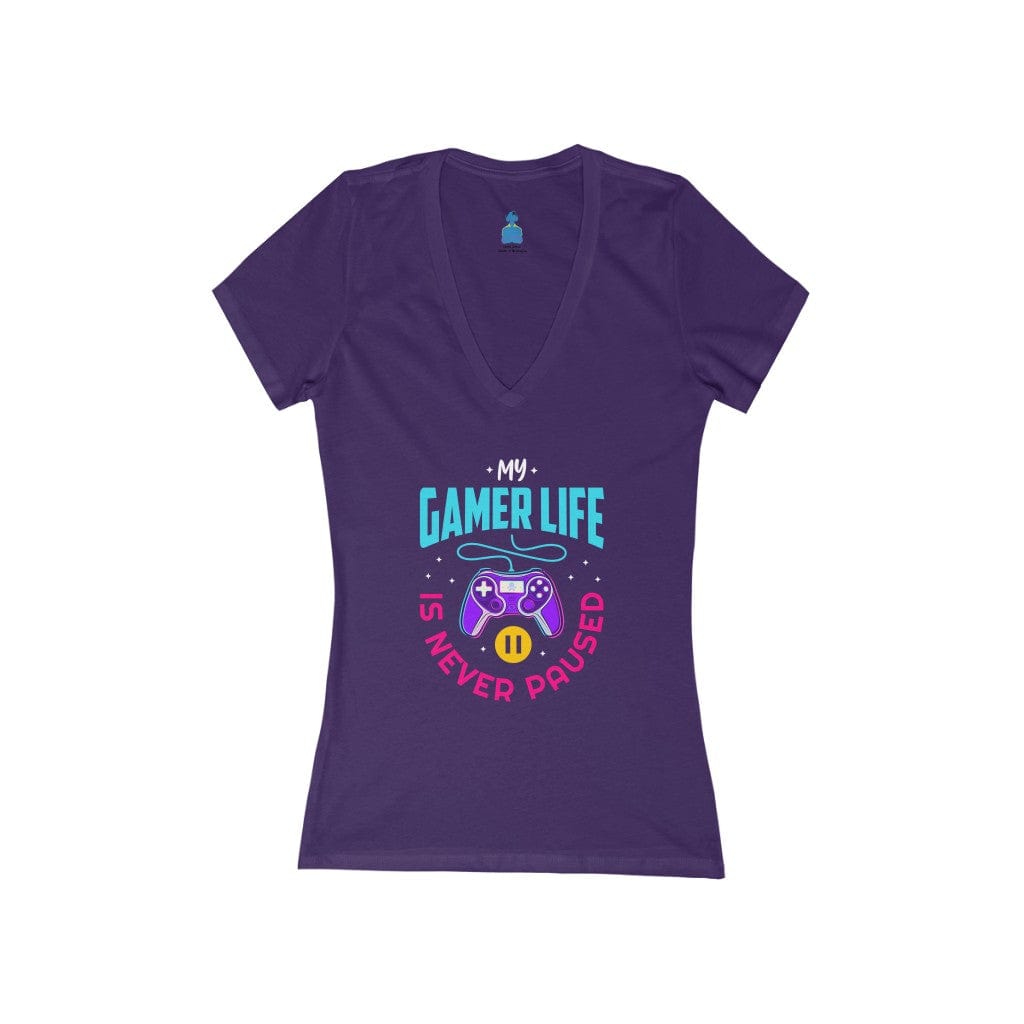 My Gamer Life Is Never Paused Women's Jersey Short Sleeve Deep V-Neck Team Purple T-Shirt