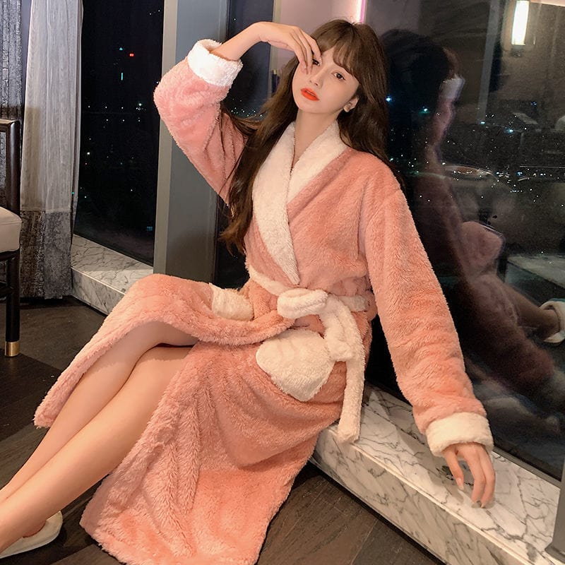 Women Coral Fleece Thick Bathrobe