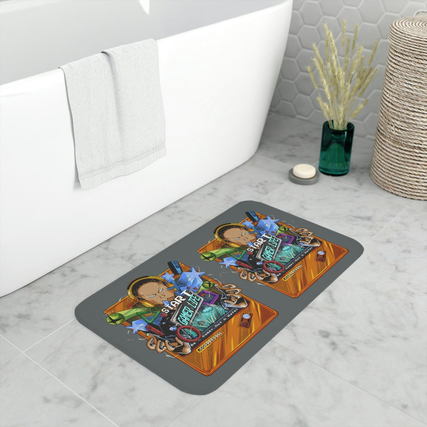 God Level Gamer Life Memory Foam Bathmat | Dark Grey by Gamer Fresh