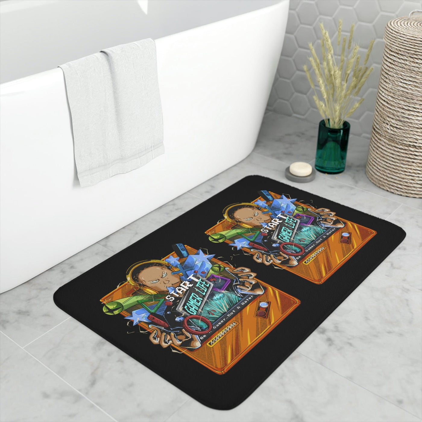 God Level Gamer Life | Memory Foam Bathmat | Black by Gamer Fresh